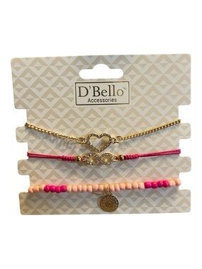D'Bello Gold Heart & Pink Beaded Bracelet Set